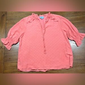 Cece Women’s Size M Polka Dot Ruffle Orange 3/4 Length Sleeve Blouse